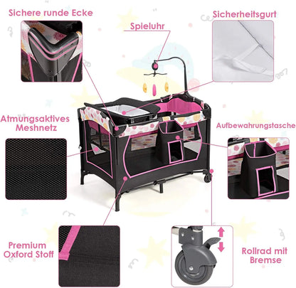 4-in-1 Folding Travel Cot & Cot & Changing Table & Playpen, 2 Levels Baby Bed Height Adjustable with Carry Bag, Mattress
