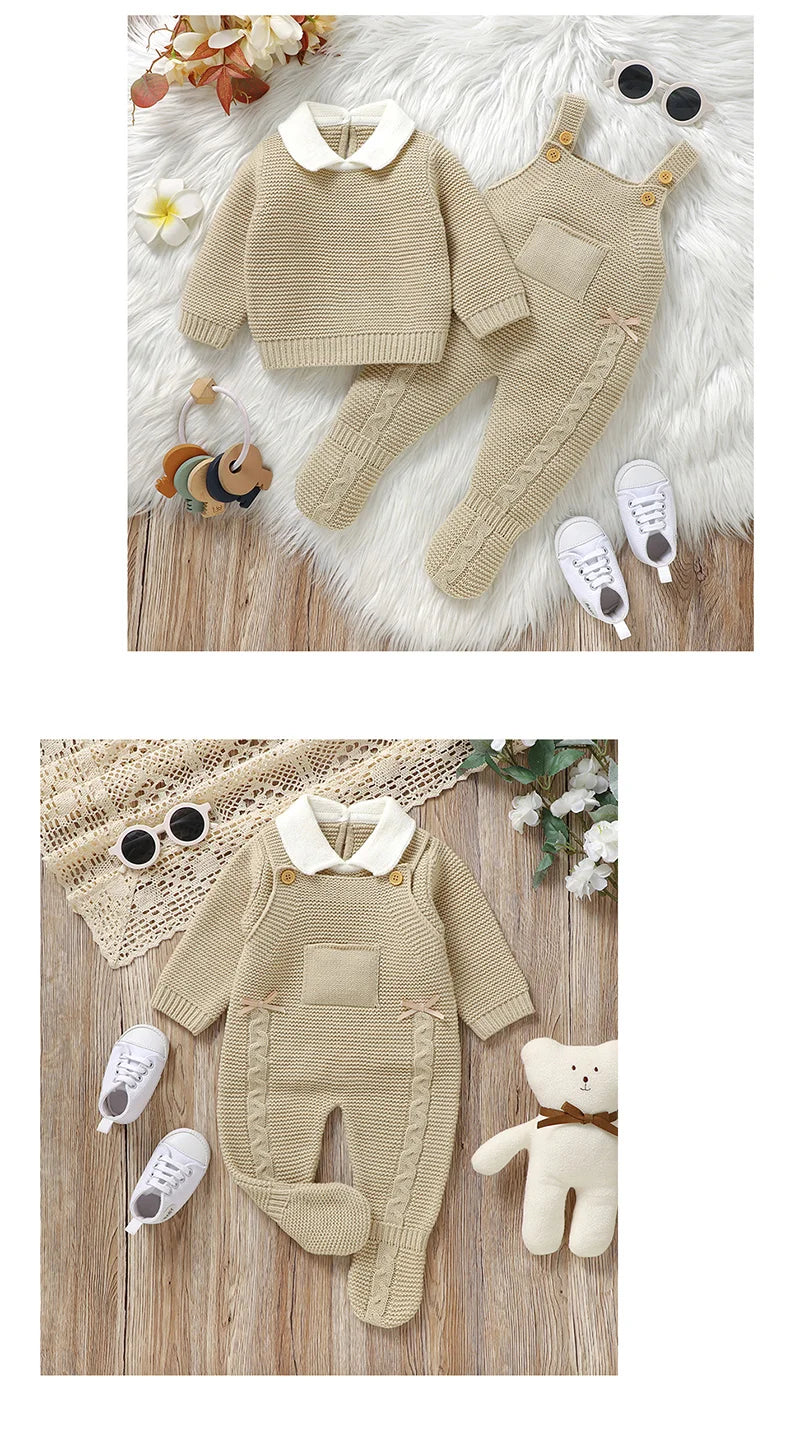 Ensemble de vêtements d'automne pour bébé, pull en tricot à manches longues + barboteuse sans manches pour nouveau-né + combinaison pour les pieds (0-9 mois)