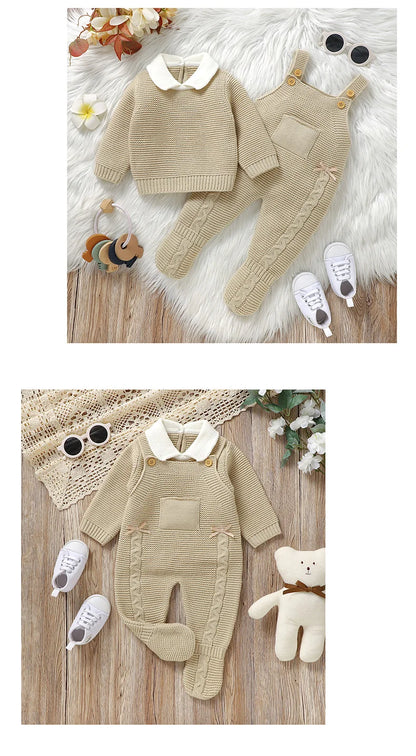 Ensemble de vêtements d'automne pour bébé, pull en tricot à manches longues + barboteuse sans manches pour nouveau-né + combinaison pour les pieds (0-9 mois)