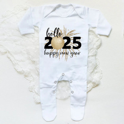 Combinaison de nuit imprimée Hello 2025 pour bébé, barboteuse, bonne année, nouveau-né, combinaison, pieds pour bébé, body à manches longues