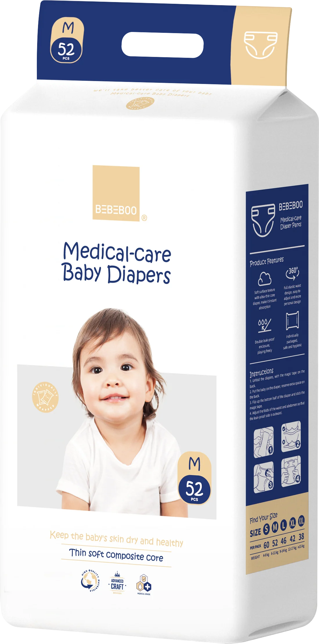 Bebeboo ultra-thin baby diapers use crystal clear water locking molecular structure to achieve instant suction and dryness