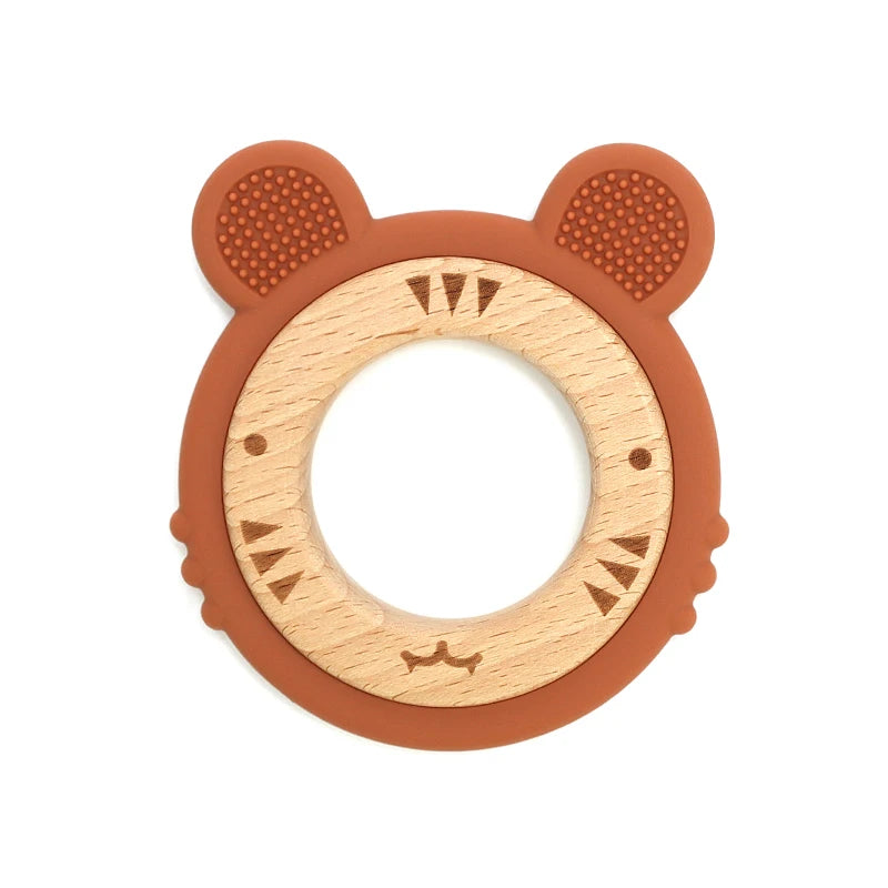 1 anneau de dentition en silicone pour bébé, sans BPA, mignon, dessin animé, pendentif tigre, jouet de dentition, anneau en bois, accessoires à mâcher, jouets pour bébé