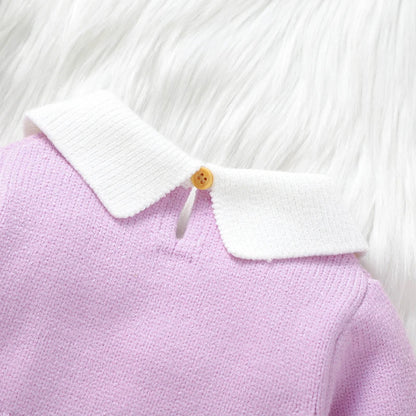 Barboteuse en tricot pour bébé fille de 0 à 9 mois, manches longues, revers, nœud sur le devant, pull à pieds avec bandeau