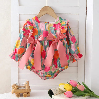 Barboteuse pour bébé fille, barboteuse à volants, col à volants, motif floral, vêtements de princesse pour nouveau-né
