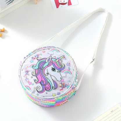 Kids Accessories Summer Lovely Kids Girls Sequin Crossbody Bag 3 Colors Cartoon Printed Round Shoulder Bag with Adjustable Strap