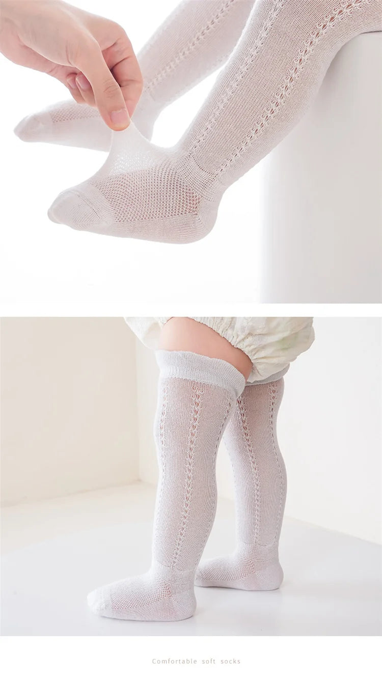 Lot de 5 paires de chaussettes longues ajourées pour bébé, en maille respirante, en coton, princesse, sans os, montantes, fines, pour nouveau-né, de 0 à 2 ans