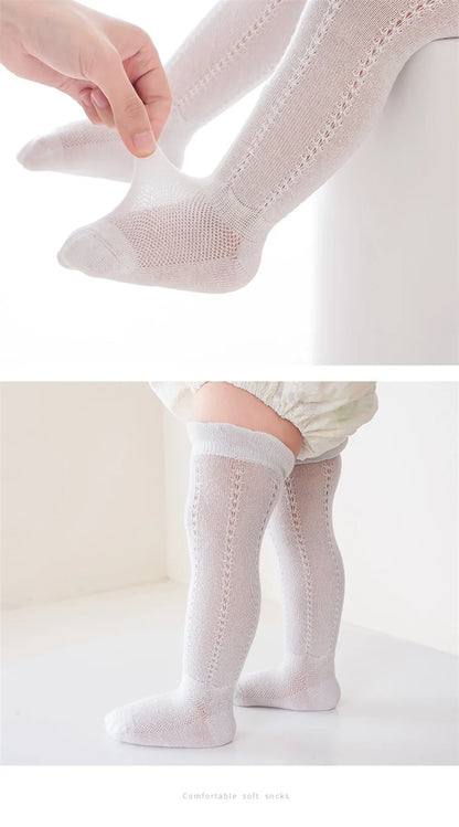 Lot de 5 paires de chaussettes longues ajourées pour bébé, en maille respirante, en coton, princesse, sans os, montantes, fines, pour nouveau-né, de 0 à 2 ans