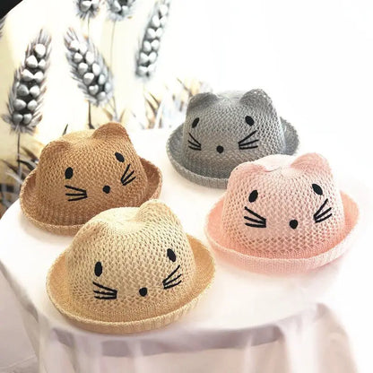Summer Baby Straw Hat Cute Cat Ear Infant Toddler Mesh Breathable Bucket Hat Outdoor Beach Boy Girl Panama Sun Cap