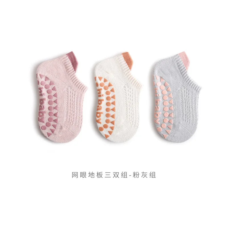 Lot de 3 paires de chaussettes d'été pour bébé, couleur unie, antidérapantes, en silicone, en maille respirante, fines, pour l'intérieur