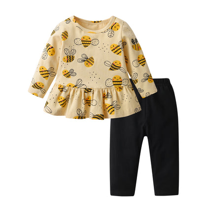 Ensemble de vêtements printemps-automne pour nouveau-né fille à manches longues pour 0 à 4 ans, joli haut à manches longues avec nœud et pantalon, tenues pour tout-petits