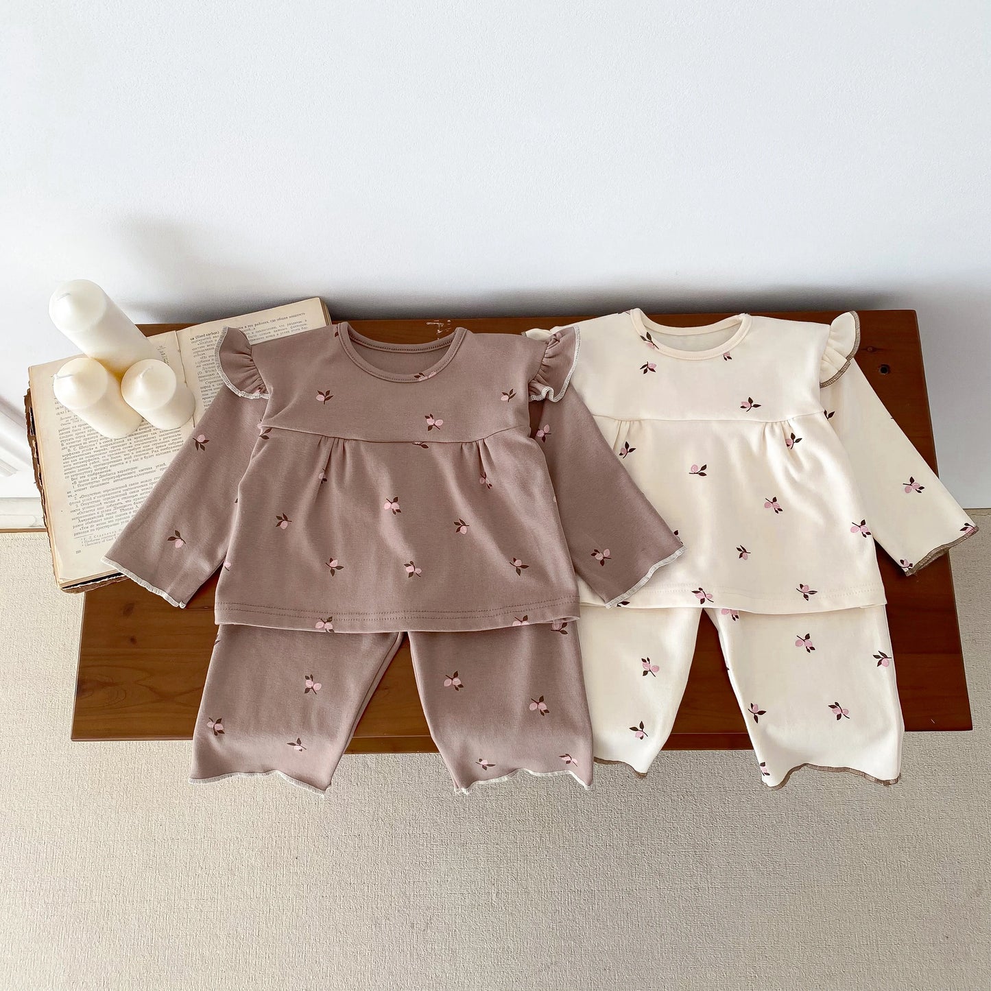 IG Fashion Vêtements pour nouveau-nés Pyjama pour bébé Garçon Fille Imprimé Cerise Manches Longues Chemise + Pantalon Vêtements de Nuit Ensemble Deux Pièces 0-2 ans
