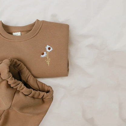 Ensemble de vêtements d'hiver pour bébé garçon et fille, sweat-shirt et pantalon en polaire épaisse brodée de fleurs, survêtement chaud pour enfant, tenue unisexe pour tout-petits, 2025