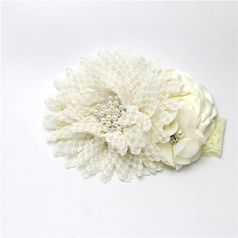 Baby Birthday Headband Photo Props Headwear Chiffon Flower with Diamond Lace Wide Headband for Baby Girls Headwrap Infant Turban