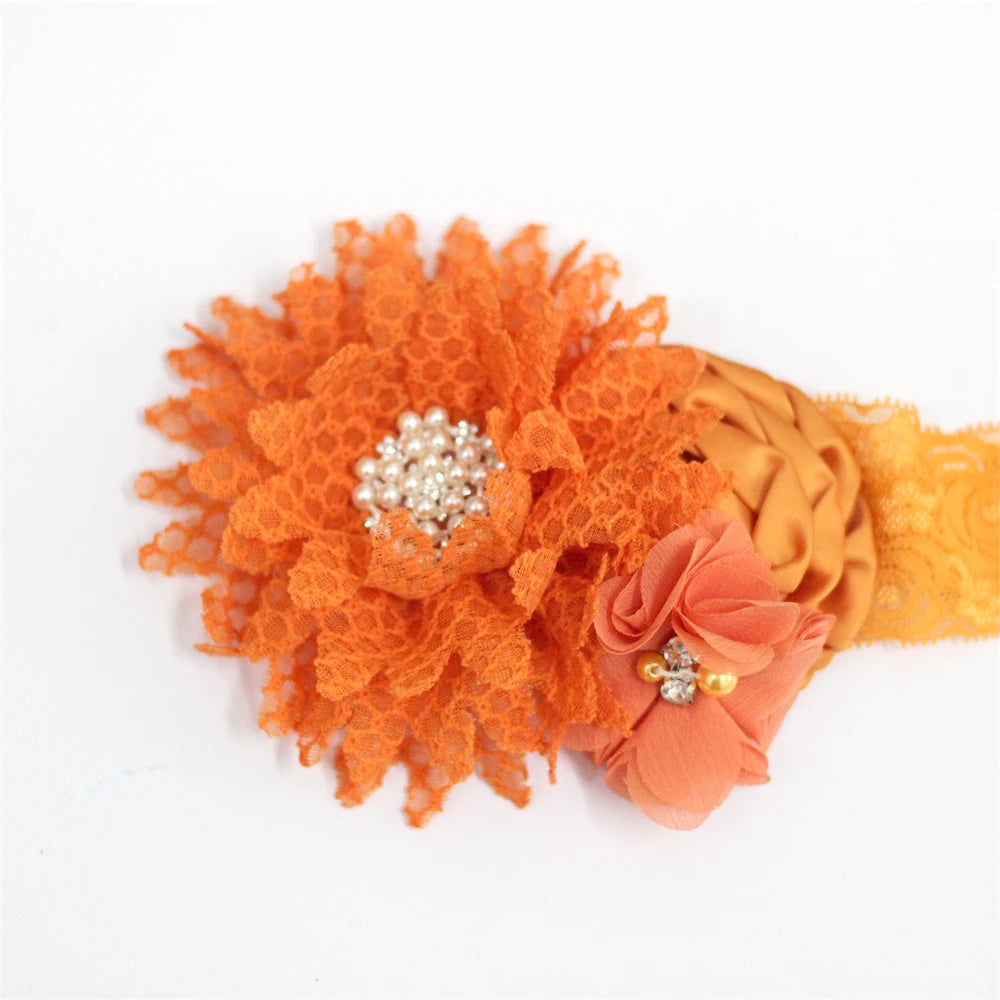 Baby Birthday Headband Photo Props Headwear Chiffon Flower with Diamond Lace Wide Headband for Baby Girls Headwrap Infant Turban