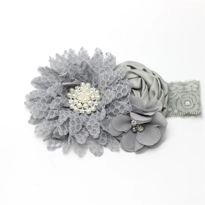 Baby Birthday Headband Photo Props Headwear Chiffon Flower with Diamond Lace Wide Headband for Baby Girls Headwrap Infant Turban