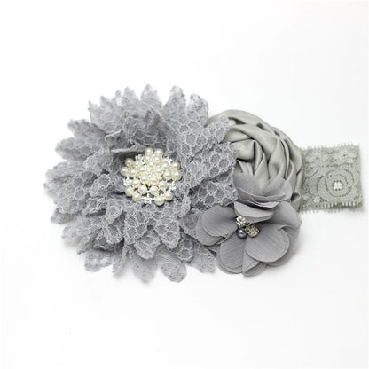 Baby Birthday Headband Photo Props Headwear Chiffon Flower with Diamond Lace Wide Headband for Baby Girls Headwrap Infant Turban