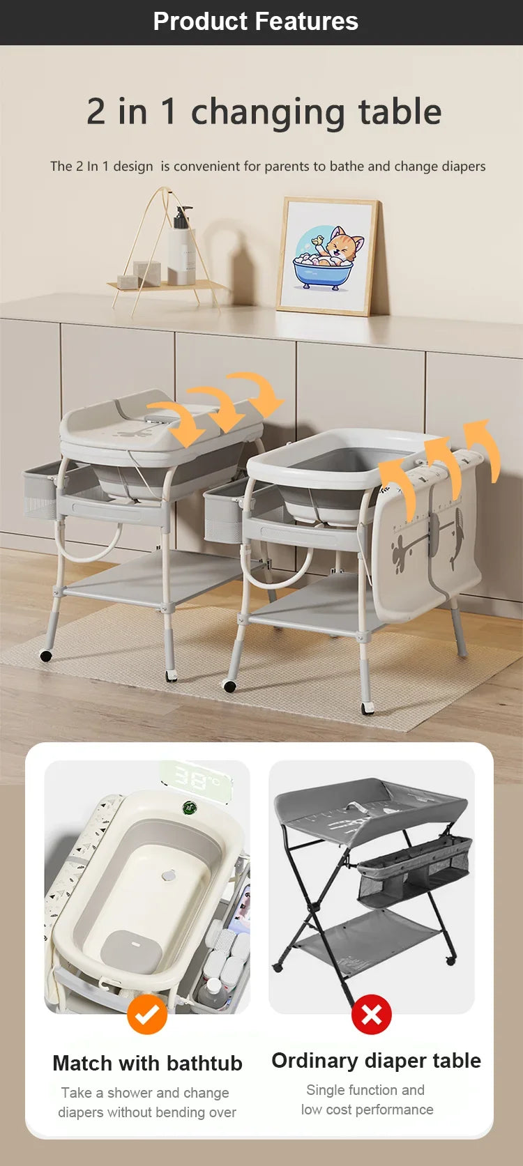 Baby Changing Table with Bathtub 2 in 1 Portable Foldable Infant Diaper Changing Table with Storage Tray 2 Wheels Anti-rollover