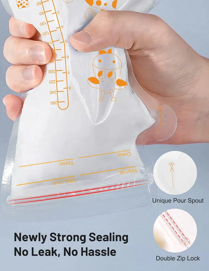 Sachets de conservation du lait maternel PE Giraffe, 250 ml, 30 pièces/60 pièces par paquet, étiquettes pré-adhésives, sans BPA, étanches,