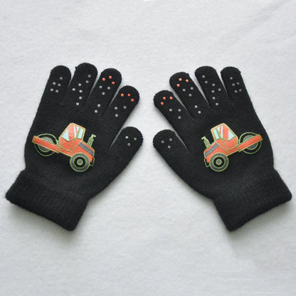 5-11Y Children Cartoon Vehicle Plush Warm Gloves For Boys Girls Student Winter Knitted Mittens Outdoor Cycling Skiing Gloves New