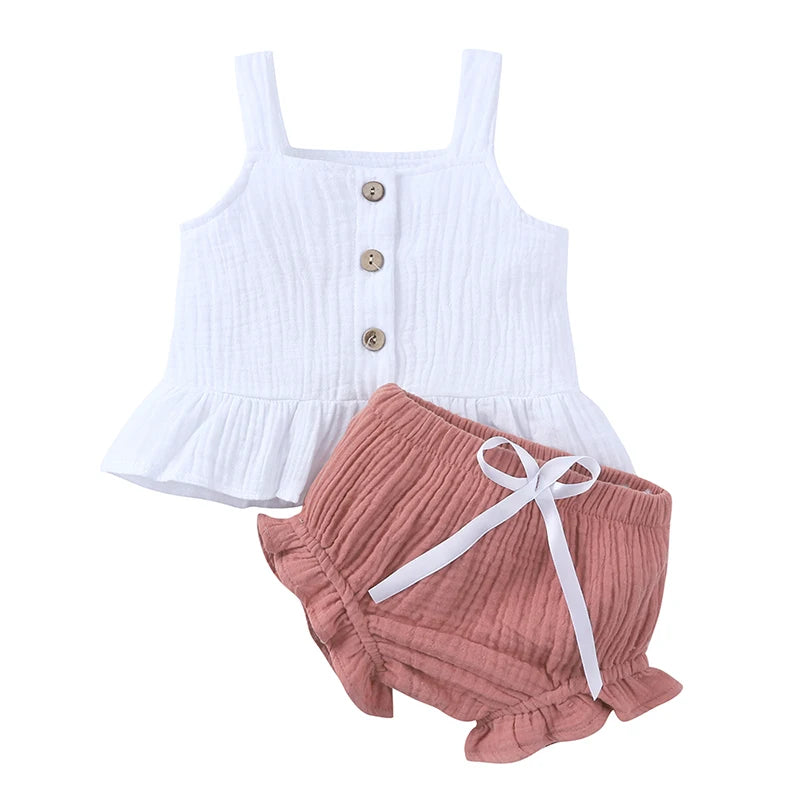 Ensemble de vêtements d'été pour nouveau-né fille, haut sans manches à volants en coton uni, pantalon court, 2 pièces