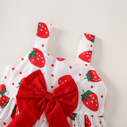 Ensemble robe et chapeau d'été pour bébé fille, 2 pièces, robe décontractée à petits pois ronds, imprimé fraise, nœud sur le devant, pour tous les jours