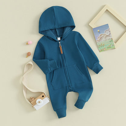 Combinaison Pudcoco pour nouveau-né, manches longues, capuche, fermeture éclair, couleur unie, pour garçons et filles de 0 à 12 mois