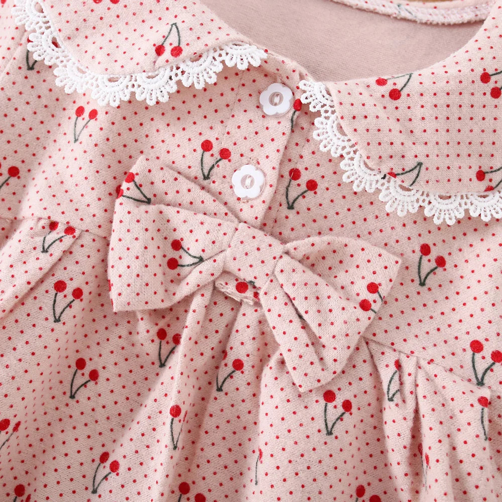 Jupe pour enfants de 0 à 3 ans, nouvelle collection printemps-automne, robe fraîche à motif de cerises, avec nœud décoratif et col haut