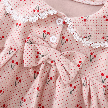 Jupe pour enfants de 0 à 3 ans, nouvelle collection printemps-automne, robe fraîche à motif de cerises, avec nœud décoratif et col haut
