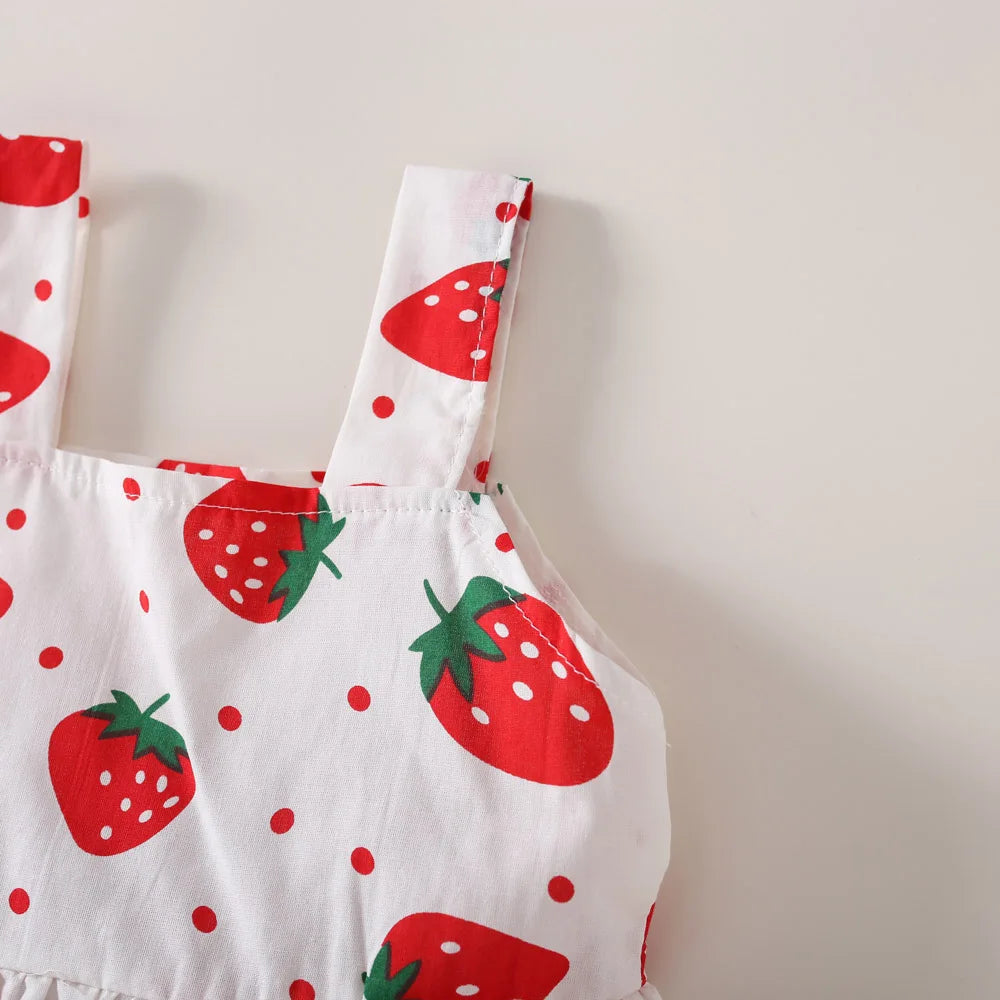 Ensemble robe et chapeau d'été pour bébé fille, 2 pièces, robe décontractée à petits pois ronds, imprimé fraise, nœud sur le devant, pour tous les jours