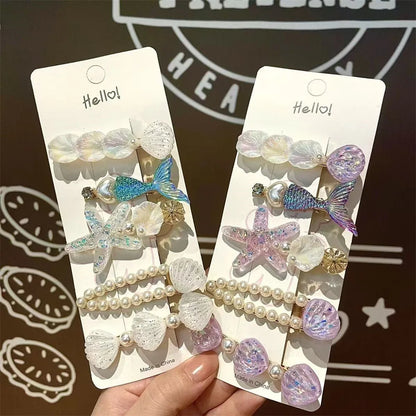 5 Pcs Cute Hair Clip Set Bangs Hairpin Mermaid Shell Starfish Pearl Sea princess Baby Girl Barrettes Hair Accessories