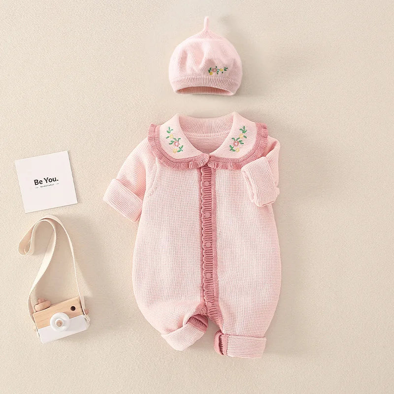 Barboteuse tricotée en coton à manches longues pour nouveau-né fille, col brodé, combinaison pour bébé fille, automne-hiver 2024