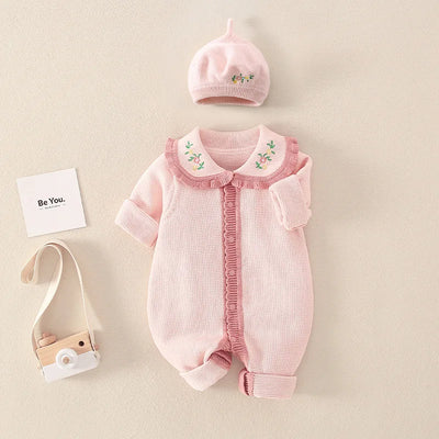 Barboteuse tricotée en coton à manches longues pour nouveau-né fille, col brodé, combinaison pour bébé fille, automne-hiver 2024