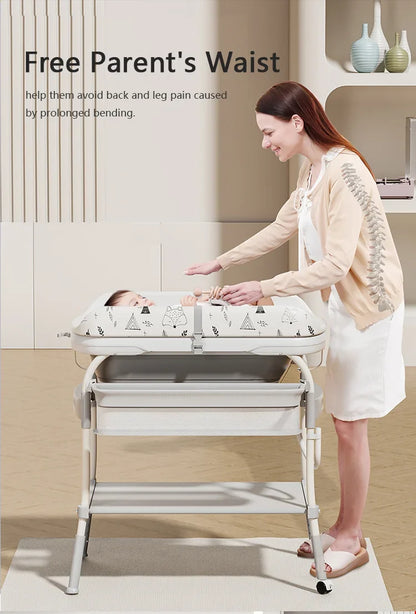 Baby Changing Table with Bathtub 2 in 1 Portable Foldable Infant Diaper Changing Table with Storage Tray 2 Wheels Anti-rollover