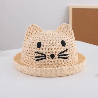 Summer Baby Straw Hat Cute Cat Ear Infant Toddler Mesh Breathable Bucket Hat Outdoor Beach Boy Girl Panama Sun Cap