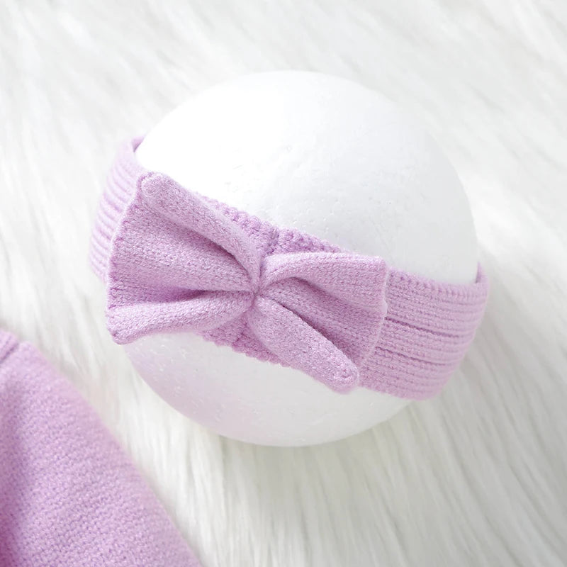 Barboteuse en tricot pour bébé fille de 0 à 9 mois, manches longues, revers, nœud sur le devant, pull à pieds avec bandeau