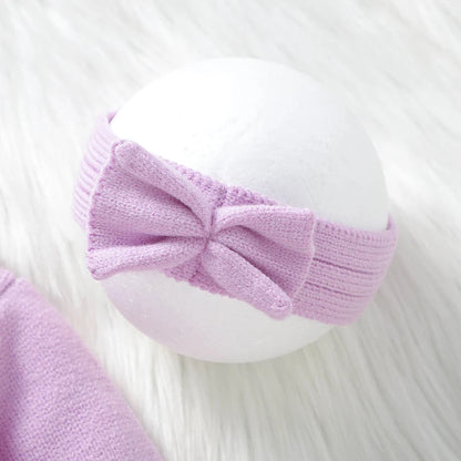 Barboteuse en tricot pour bébé fille de 0 à 9 mois, manches longues, revers, nœud sur le devant, pull à pieds avec bandeau
