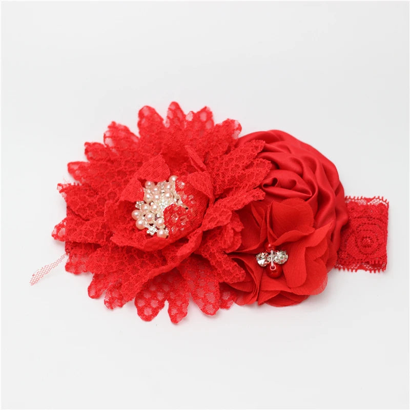 Baby Birthday Headband Photo Props Headwear Chiffon Flower with Diamond Lace Wide Headband for Baby Girls Headwrap Infant Turban