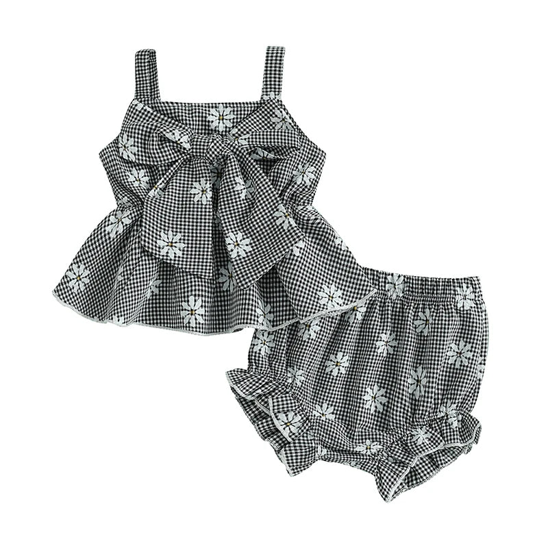 Tenues d'été pour bébés filles : ensemble débardeur sans manches et short élastique à gros nœud imprimé marguerites
