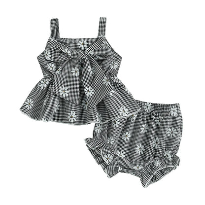 Tenues d'été pour bébés filles : ensemble débardeur sans manches et short élastique à gros nœud imprimé marguerites
