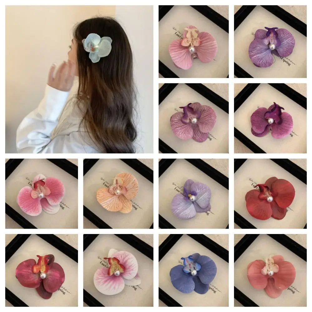 Pince à cheveux en tissu avec fleur, orchidée papillon, style coréen, épingle à cheveux en forme de fleur, accessoires pour cheveux féminins, pince à cheveux en perles pour fille, bord de mer