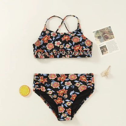 Maillots de bain pour filles TUONXYE, ensemble haut court à épaules dénudées et culotte à imprimé floral, bikini pour enfants, vêtements de plage