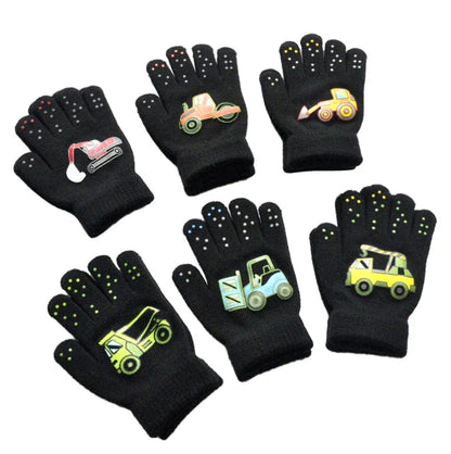 5-11Y Children Cartoon Vehicle Plush Warm Gloves For Boys Girls Student Winter Knitted Mittens Outdoor Cycling Skiing Gloves New