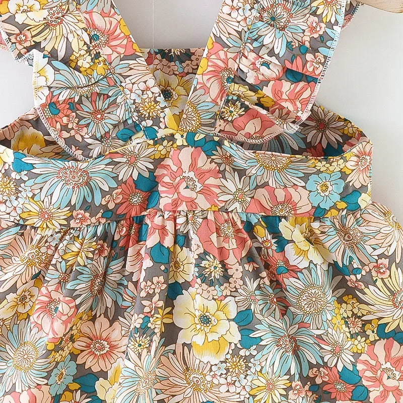 (Filles 0-3 ans) Nouvelle robe d'été pour filles, dos nu, petites manches volantées, fleurs à volants, imprimé complet + sac à bandoulière, robe trapèze