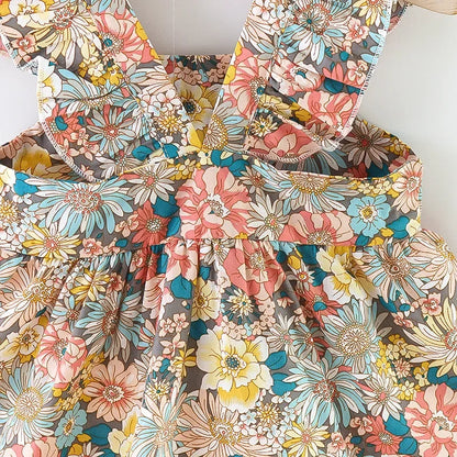 (Filles 0-3 ans) Nouvelle robe d'été pour filles, dos nu, petites manches volantées, fleurs à volants, imprimé complet + sac à bandoulière, robe trapèze