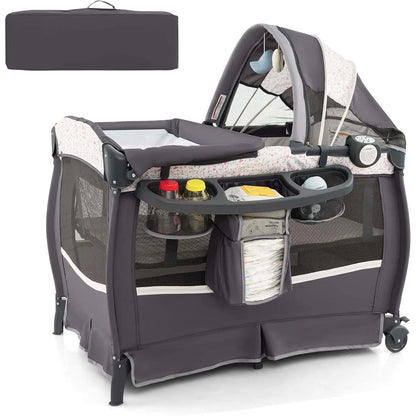 5-in-1 Travel Cot with Mattress,with Adjustable Canopy,with Changing Mat,Music Box & Carry Bag,up to 15 kg Load Capacity