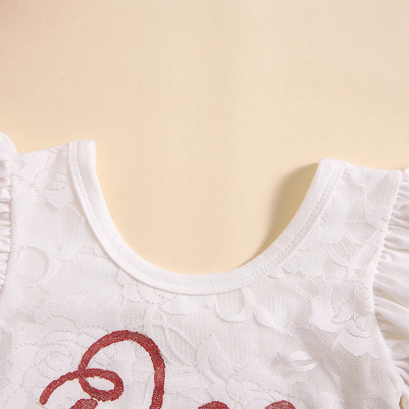 Pudcoco Tenue d'été pour bébé fille avec manches à volants et imprimé lettres, barboteuse en dentelle, jupe tutu et bandeau, vêtements pour nouveau-né