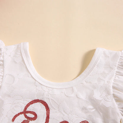 Pudcoco Tenue d'été pour bébé fille avec manches à volants et imprimé lettres, barboteuse en dentelle, jupe tutu et bandeau, vêtements pour nouveau-né