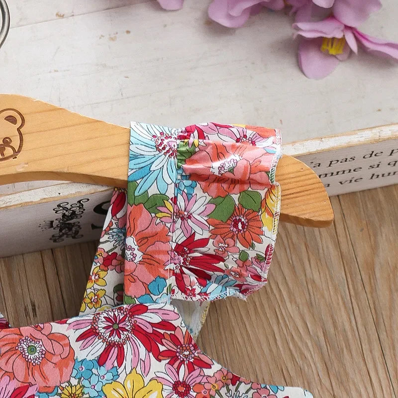 (Filles 0-3 ans) Nouvelle robe d'été pour filles, dos nu, petites manches volantées, fleurs à volants, imprimé complet + sac à bandoulière, robe trapèze