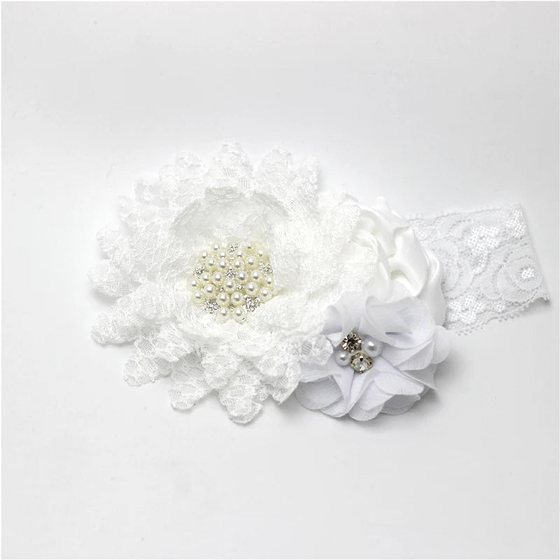 Baby Birthday Headband Photo Props Headwear Chiffon Flower with Diamond Lace Wide Headband for Baby Girls Headwrap Infant Turban