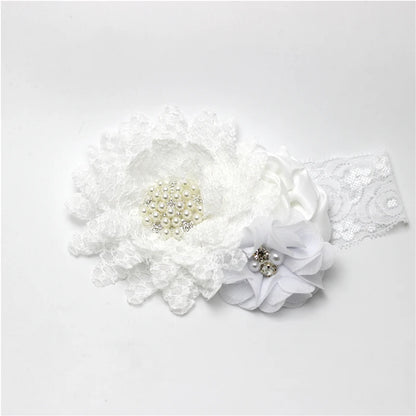 Baby Birthday Headband Photo Props Headwear Chiffon Flower with Diamond Lace Wide Headband for Baby Girls Headwrap Infant Turban